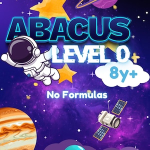 Könnte beinhalten: Ein lila und blaues Poster zum Thema Weltraum mit einem Comic-Astronauten, Planeten und Sternen. Der Text auf dem Poster lautet "Abacus Level 0+ 8y+ No Formulas Mental Maths Development Programme".