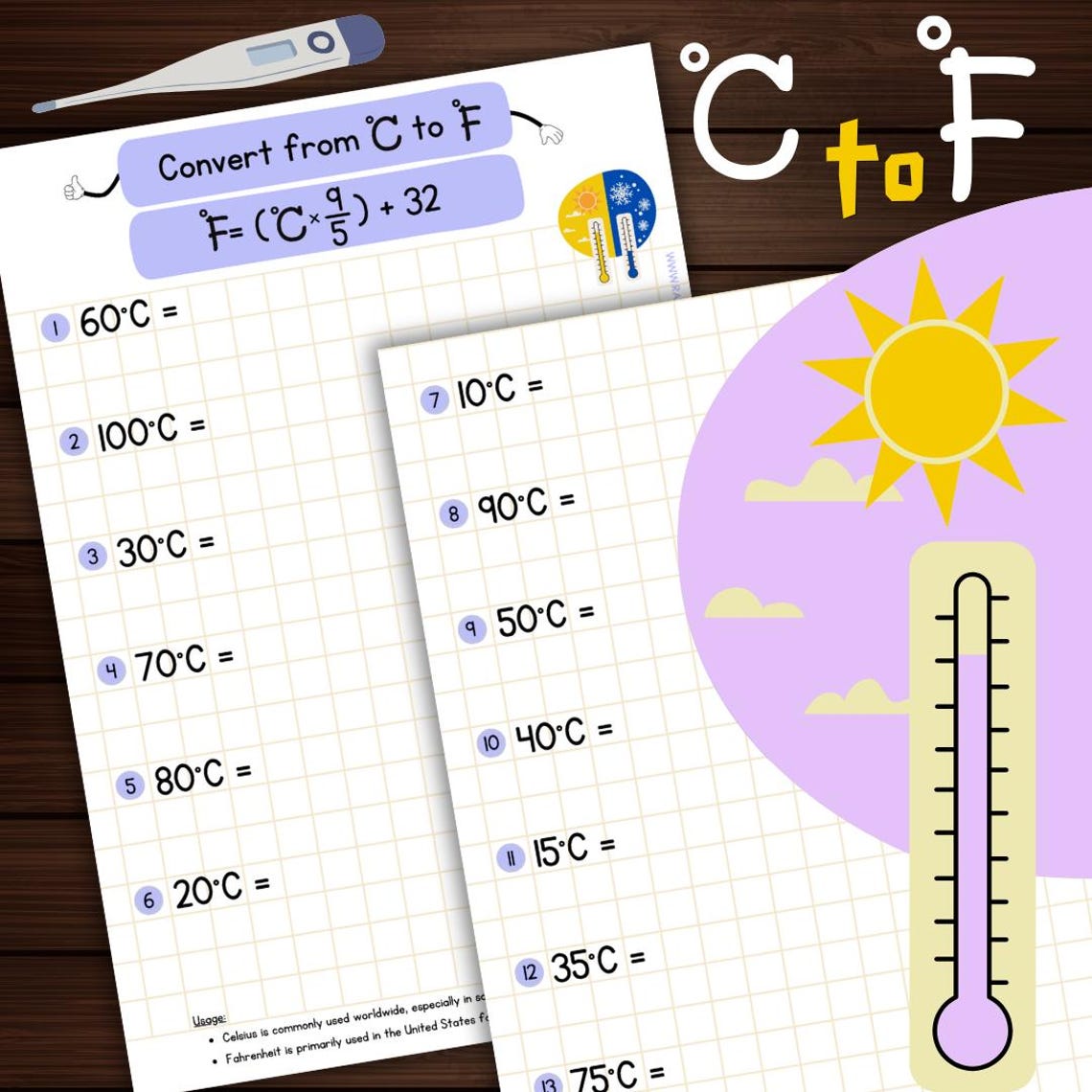 Easy Celsius to Fahrenheit Conversion 2 Worksheets | Simple Temperature ...