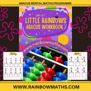 Puede incluir: Un libro de trabajo morado y amarillo con el título "SMART LITTLE RAINBOWS ABACUS WORKBOOK" y la dirección del sitio web "www.rainbowmaths.com". El libro de trabajo está abierto a una página con un ábaco colorido y dos páginas con problemas de matemáticas.