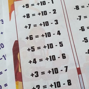 May include: A colorful educational chart with the title "ABACUS FOR" and the text "BIG FRIENDS +". The chart displays addition equations such as +9 = +10 - 1. The background is yellow and orange.