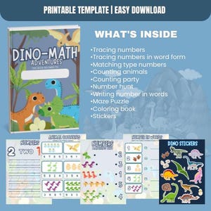 Pode incluir: Um livro de trabalho Dino-Math Adventures imprimível para crianças. A capa apresenta uma ilustração colorida de dinossauros. O livro de trabalho inclui atividades como traçar números, combinar números, contar animais, contar festas, caçar números, escrever números em palavras, um labirinto, um livro para colorir e adesivos.