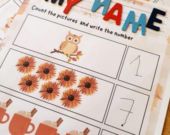Hojas de trabajo para contar en otoño para niños / 15 páginas A4 / Actividad matemática divertida con temática de otoño / Aprenda a contar hasta 10