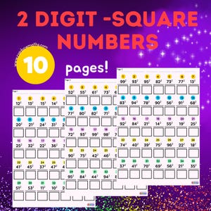 May include: A set of 10 printable worksheets for practising two-digit square numbers. Each worksheet features a grid of squares with numbers from 12 to 100. The worksheets are designed for children learning maths.