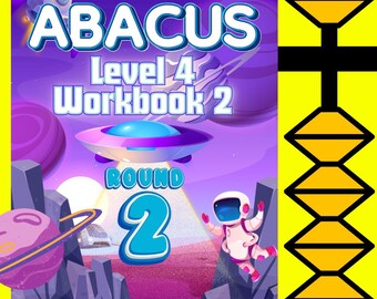 Può includere: Illustrazione colorata per un quaderno di abaco. La copertina presenta la parola "ABACUS" in blu, con "Level 4 Workbook 2" sotto. Sono presenti anche un astronauta dei cartoni animati, pianeti e un'astronave. Il testo "Round 2" è anch'esso visibile.