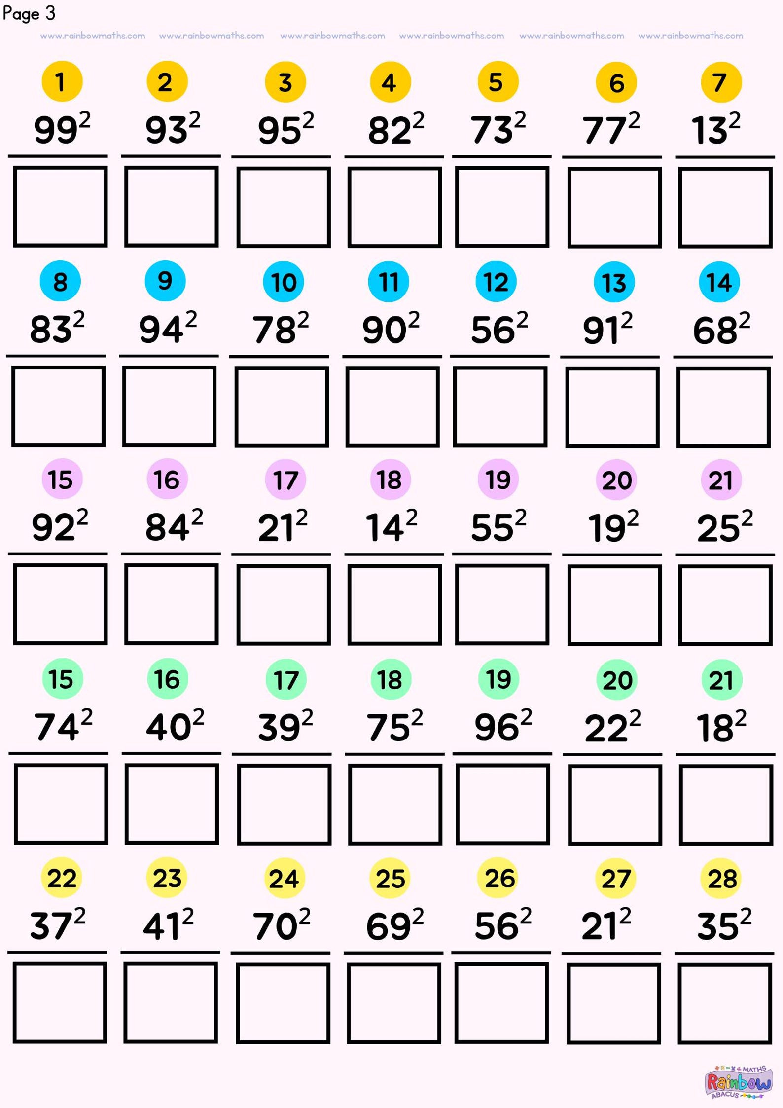 Two Digit Square Numbers 10 Worksheets Math Practice Made Easy Maths