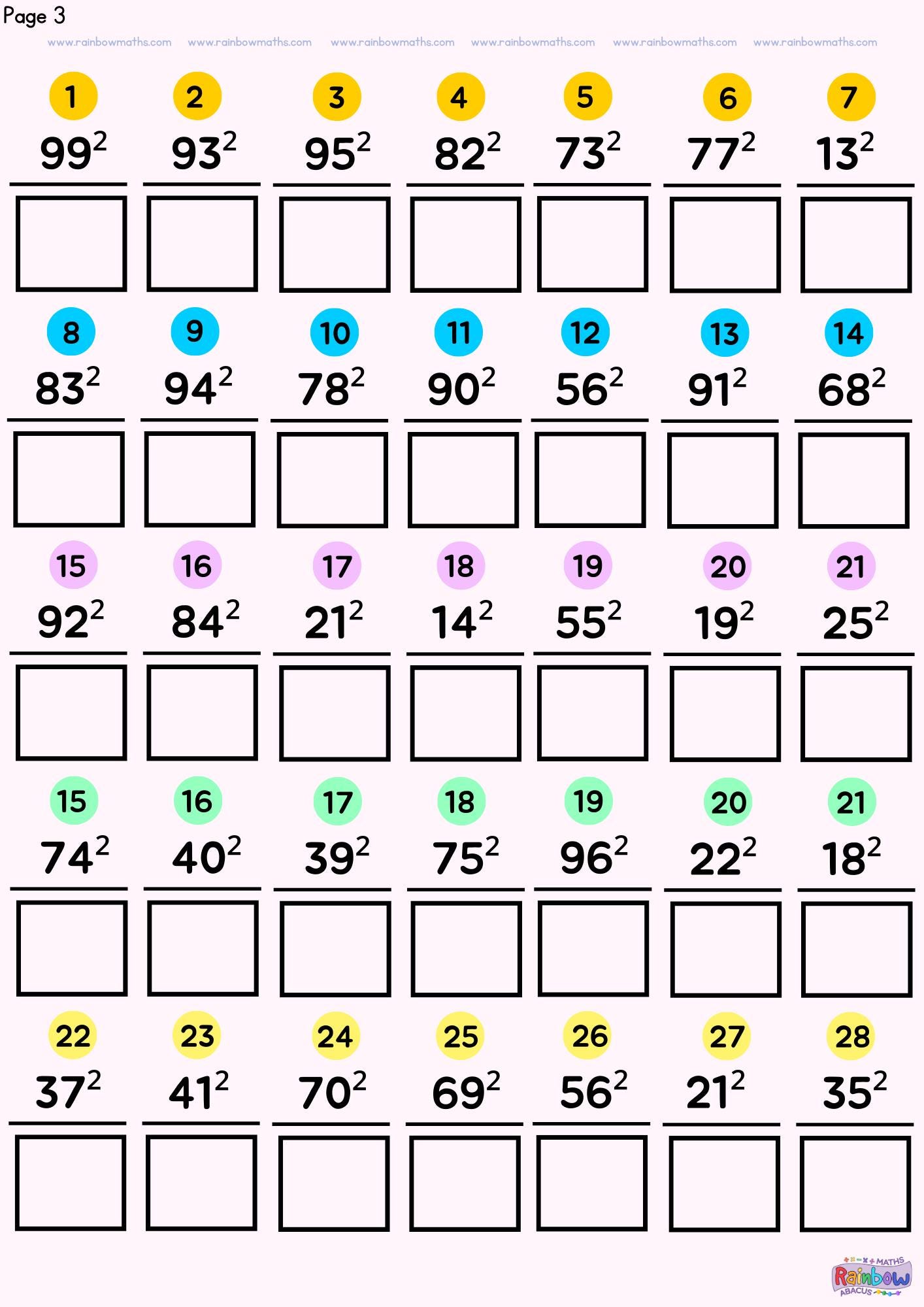 Two Digit Square Numbers 10 Worksheets: Math Practice Made Easy Maths ...