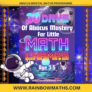 Könnte beinhalten: Eine bunte Illustration einer Weltraumszene mit zwei Astronauten. Der Text lautet "30 Days of Abacus Mastery for Little Math Champs Age 3-5 www.rainbowmaths.com WWW.RAINBOWMATHS.COM".