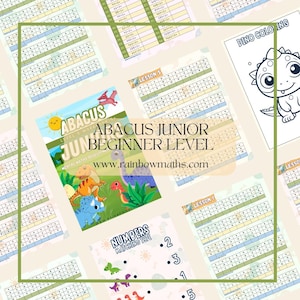 May include: A colorful workbook with a dinosaur theme. The cover features a cartoon dinosaur with the text "Abacus Junior Beginner Level" and "www.rainbowmaths.com".