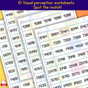May include: A visual perception worksheet with a grid of numbers. The worksheet is designed to help children learn to spot the match between two numbers. The numbers are arranged in a grid with a circle around one of the numbers. The worksheet is titled "10 Visual perception worksheets Spot the match!"