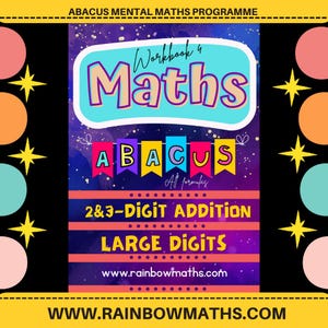 Może przedstawiać: Kolorowa okładka zeszytu ćwiczeń do programu matematycznego dodawania 2 i 3-cyfrowego z użyciem liczydła. Okładka przedstawia galaktyczne tło z gwiazdami i tekstem "Workbook 4 Maths ABACUS All formulas 2&3-Digit Addition Large Digits www.rainbowmaths.com".