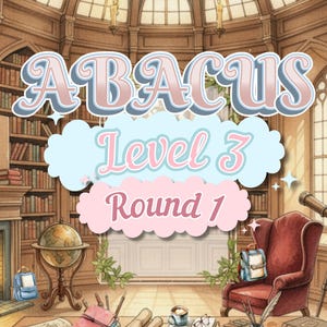 May include: An illustration of a library scene with the text "ABACUS Level 3 Round 1" in a decorative font. The image includes books, a globe, a red armchair, and the text "Mental Maths Development Programme" at the bottom.