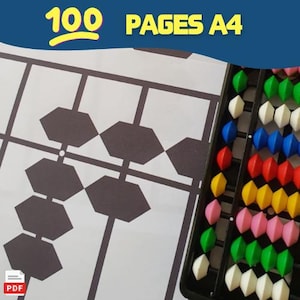 May include: An abacus with colorful beads and a printed sheet with geometric shapes. The text "100 PAGES A4" is displayed at the top. A PDF icon is in the lower left corner.