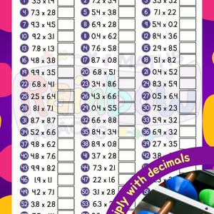 Multiplying with Decimals 10 pages Worksheets 570 Questions Maths Abacus Soroban Practice Test Mock Speed Digital Key Stage 3 Print PDF