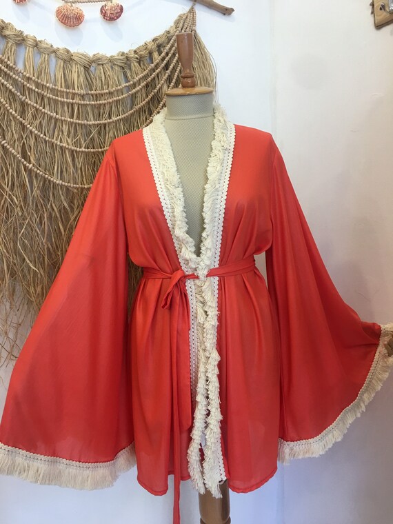 Kaftan orange silk shiffon fringed Kaftan Kimonk Etsy