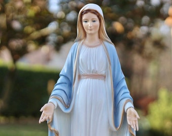 Our Lady of Grace 20 inch statue, casted Marble powder indoor outdoor statue,Virgin Mary garden statue, blue Medjugorje marble powder statue