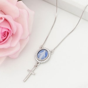 Our Lady of Grace Necklace: Sterling Silver 925, Blue Agate Cameo