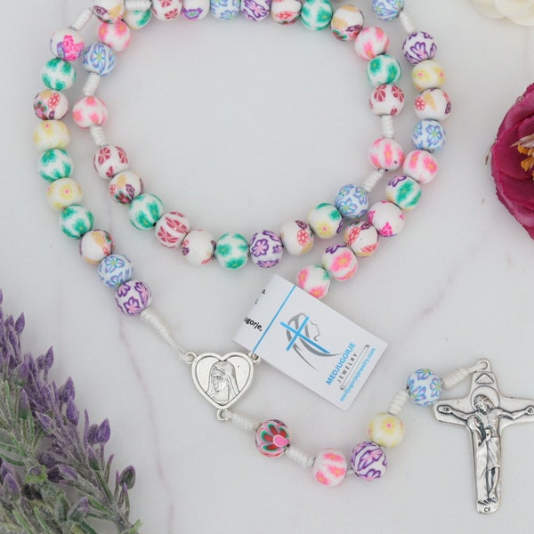 Fimo rosary beads from Medjugorje, hand made fimo rosary with flowers, multi colors rosary, fimo clay rosary, rosary beads with flowers