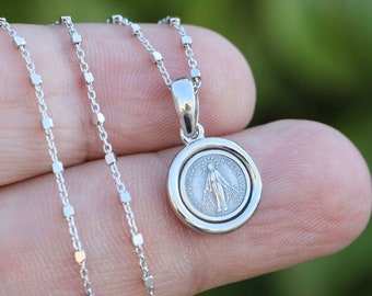 Miraculous Medal, Miniature Virgin Mary pendant, Our Lady pendant for teenage, Gift for daughter, sterling silver 925, very small pendant