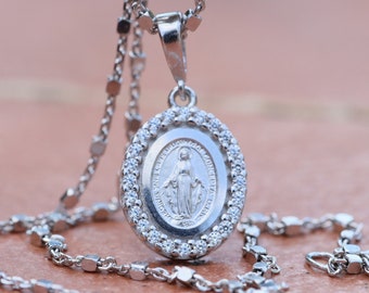 Miraculous Medal, sterling silver, Our Lady of Grace miniature medal, dainty pendant,minimalist medal with cubic zirconium, gift for teenage