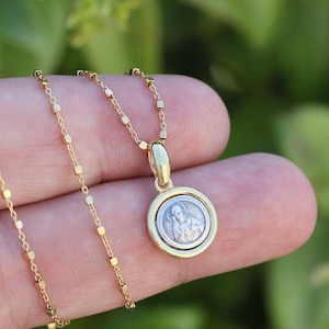 Dainty Scapular medal, Our Lady of Mt Carmel, Sacred heart of Jesus medal, sterling silver 925 pendant, gold plated, round vintage silver