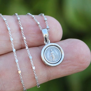 Miraculous Medal, Miniature Virgin Mary pendant, Our Lady pendant for teenage, Gift for daughter, sterling silver 925, very small pendant