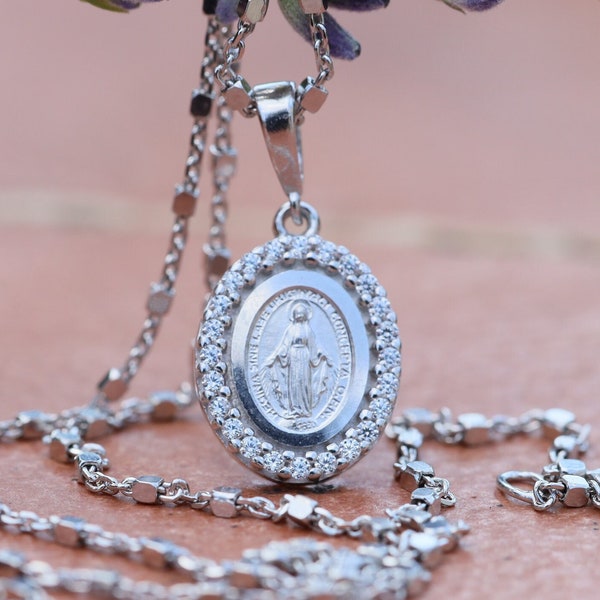 Miraculous Medal, sterling silver, Our Lady of Grace miniature medal, dainty pendant,minimalist medal with cubic zirconium, gift for teenage
