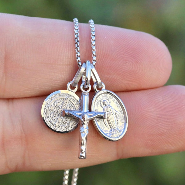 Catholic Women's Necklace with St Benedict, Miraculous Medal, and Crucifix,Stunning Detail,Choose 18 or 20 inch Chain , Dainty and Miniature