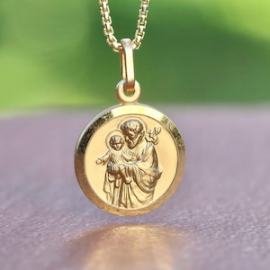 Beautiful 15mm sterling silver Gold Plated St. Joseph and Baby Jesus Medal - Detailed Catholic Women's Pendant, protector of Holy Family