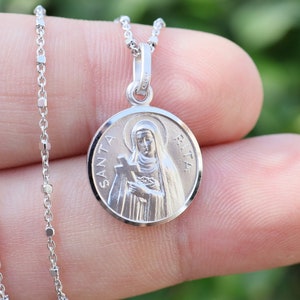 Small St Rita sterling silver round medal, silver necklace of Saint Rita, fine jewelry of catholic Saint ,St Rita silver necklace for lady