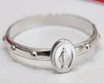 Miraculous Medal rosary ring, Our Lady of Grace ring, Virgin Mary miniature ring, sterling silver 925 dainty rosary, Minimalist rosary ring