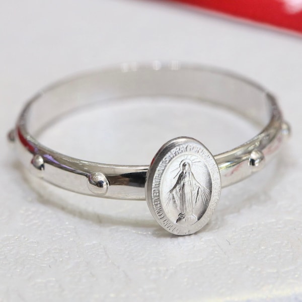 Bague de chapelet médaille miraculeuse, bague Notre-Dame de la Grâce, bague miniature de la Vierge Marie, chapelet délicat en argent sterling 925, bague de chapelet minimaliste