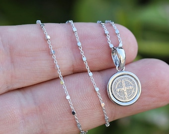 Saint Benedict necklace, St Benedict pendant, Sterling silver round pendant, vintage medal with St Benedict cross, miniature medal necklace