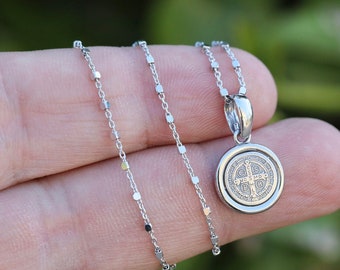 Saint Benedict tiny medal, St Benedict dainty pendant, Sterling silver round pendant, Benedict medal for woman , miniature medal necklace