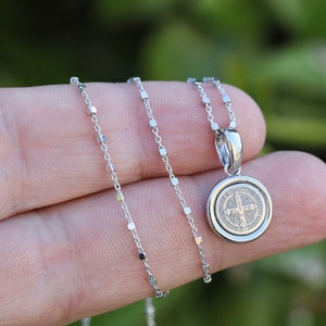 Saint Benedict tiny medal, St Benedict dainty pendant, Sterling silver round pendant, Benedict medal for woman , miniature medal necklace