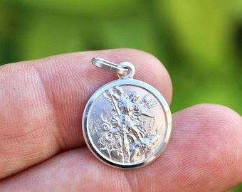 St Michael medal, sterling silver pendant, minted medal of St Michael, St Michael pendant in various sizes, Archangel Michael round pendant