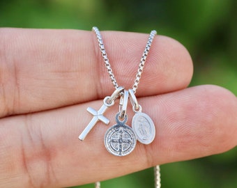 Dainty 18 Inch Necklace with Miraculous Medal, St. Benedict Medal, and Tiny Cross - Rhodium Plated Sterling Silver, very small pendants