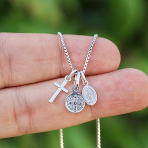 Dainty 18 Inch Necklace with Miraculous Medal, St. Benedict Medal, and Tiny Cross - Rhodium Plated Sterling Silver, very small pendants