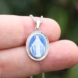 Sterling Silver Our Lady of Grace Cameo Pendant: Blue Agate Miraculous Medal