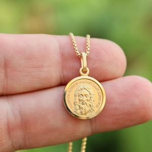 Small 18K Gold Plated Holy Face of Jesus Medal Necklace - Diamond Cut Edge, 13mm Pendant or with Chain, Sindone Medal , Shroud of Turin