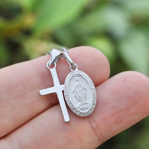 Sterling Silver Cross and Miraculous Medal Necklace - Dainty Religious Jewelry