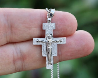 St Damian sterling silver 925 cross pendant, medium size icon pendant of St Francis of Assisi crucifix pendant for man or woman