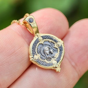 Our Lady pendant, sterling silver 925, gold plated round medal, Byzantine medal, Virgin Mary with Baby Jesus medal, icon medal for women