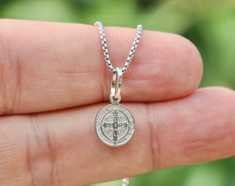 Miniature 10mm simple St. Benedict Sterling Silver Pendant | Rhodium Plated | Kids & Adults | Optional only medal, 18" or 20" Chain