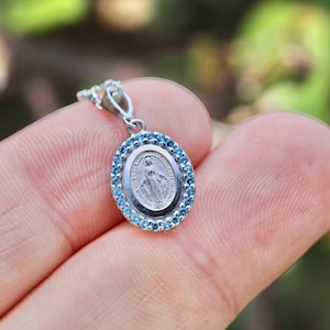 Miraculous Medal, Our Lady of Grace necklace pendant, sterling silver medal,minimalist medal for girls , miniature blue  medal of Our Lady
