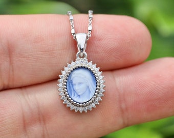 Medjugorje medal, Virgin Mary pendant, sterling silver 925, blue cameo medal, blue Virgin Mary medal for women,small gift for teenage girls