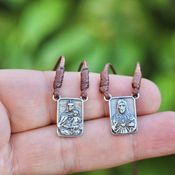 Vintage Sterling Silber Skapulier-Halskette: Sacred Heart & Unsere Liebe Frau vom Karmel