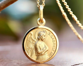 St Gabriel pendant, sterling silver gold plated medal, Messenger of God pendant, Archangel Gabriel catholic medal, gift for boy or girl 13mm