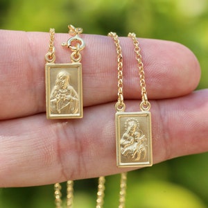 Scapular medal, sterling silver scapular pendant, 18 k gold plated scapular, brown scapular,Our Lady of Mt Carmel with Sacred Heart of Jesus