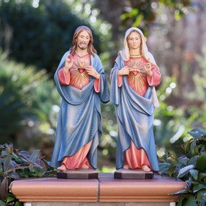 Handmade Statue of Sacred Heart of Jesus and Immaculate Heart of Virgin Mary - 34 cm-13.4 inch, Hand Painted, Made from Soft Linden Wood