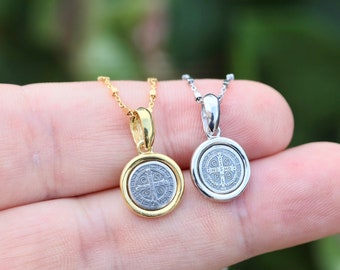 Miniature St Benedict medal , sterling silver 925 , catholic charm for teenage, dainty Miraculous Medal, two tone medal